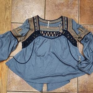 Free People Blue Snow Kisses Embroidered Blouse Womens Size Small